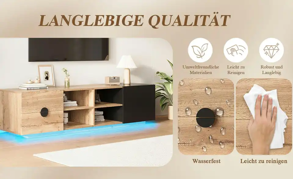 TV-Lowboard LED-Beleuchtung, Bild mit Text