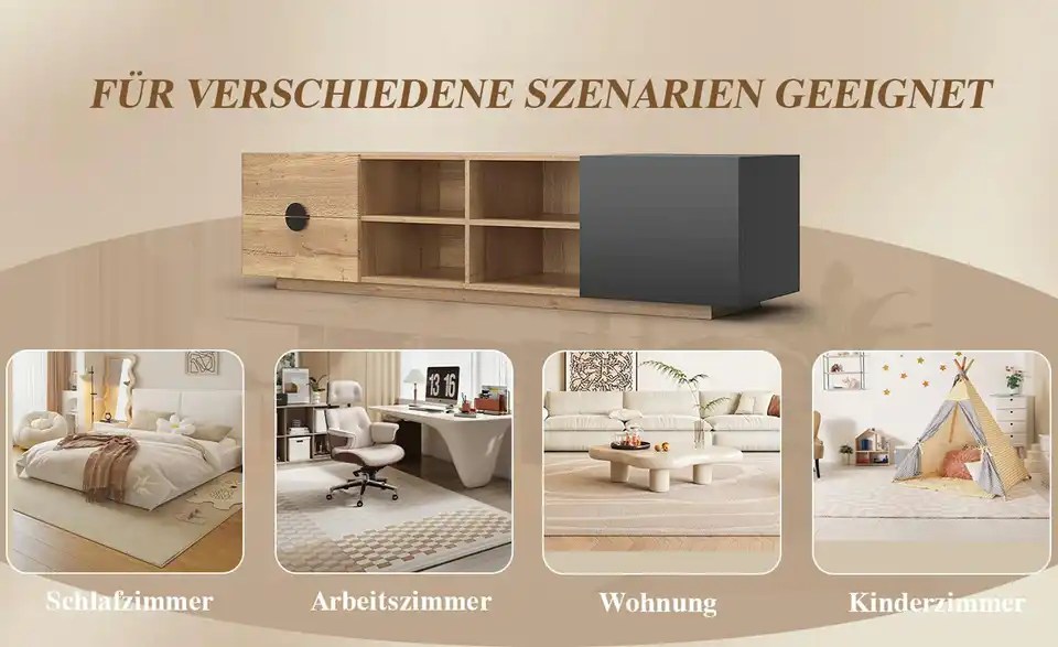 TV-Lowboard LED-Beleuchtung, Bild mit Text