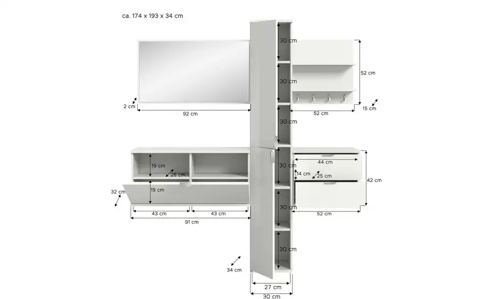 Garderobenkombination, Bemaßung