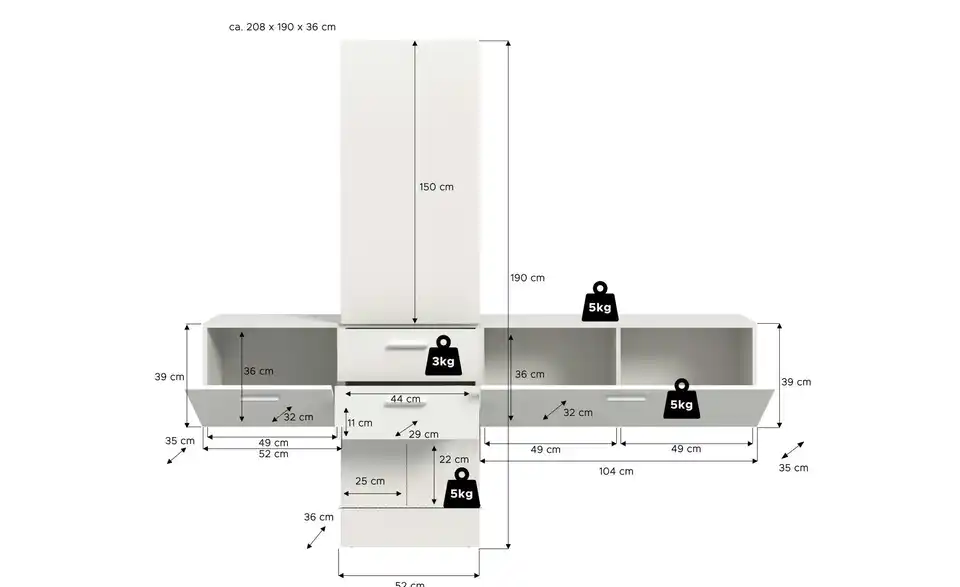 Garderobenkombination, Bemaßung
