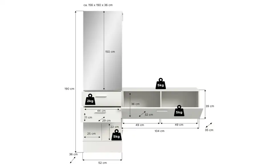 Garderobenkombination, Bemaßung