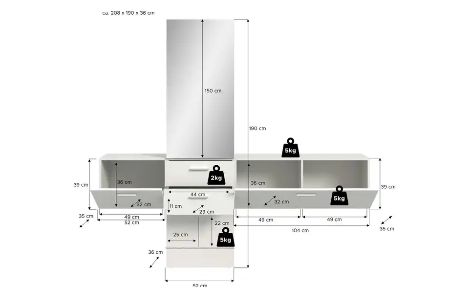 Garderobenkombination, Bemaßung