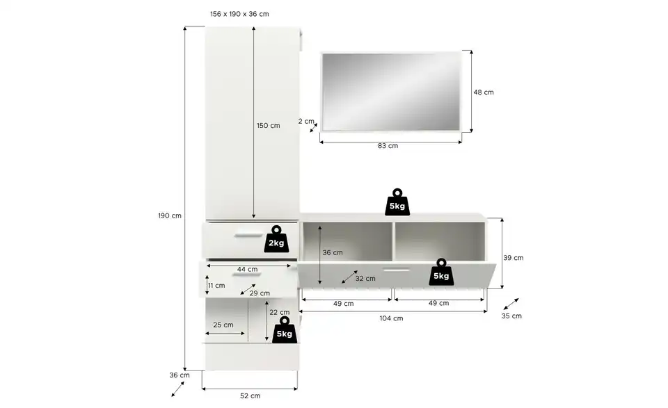 Garderobenkombination, Bemaßung