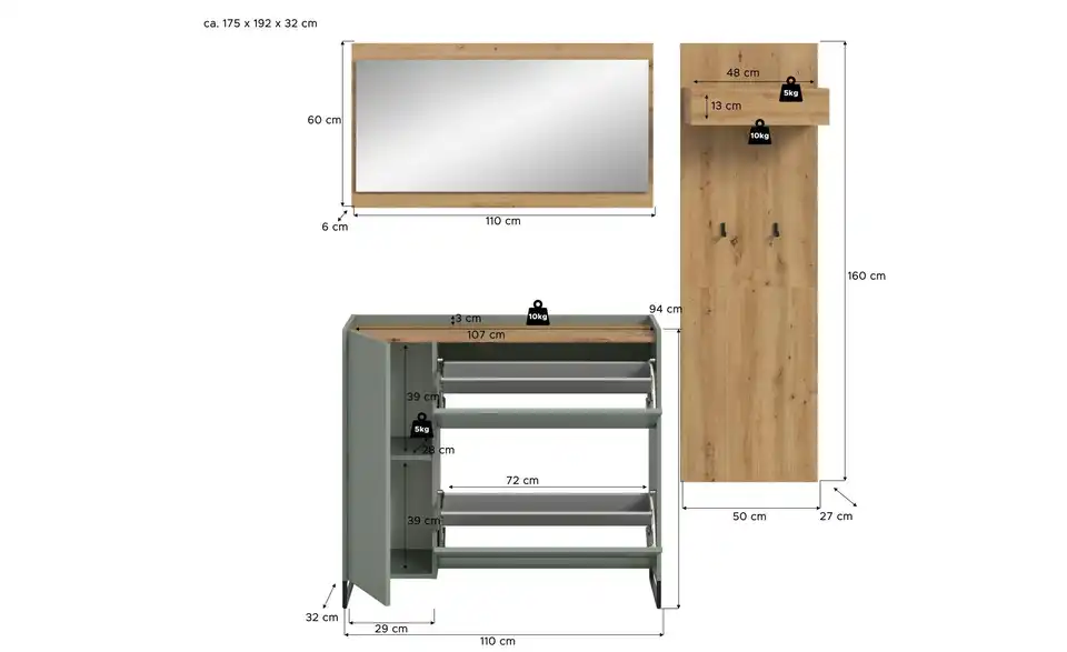 Garderobenkombination, Bemaßung