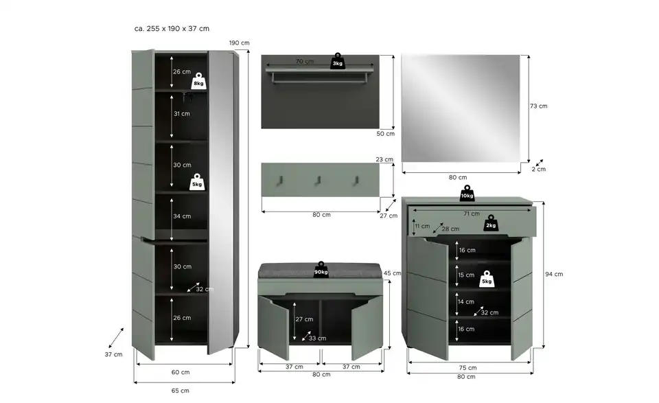 Garderobenkombination, Bemaßung