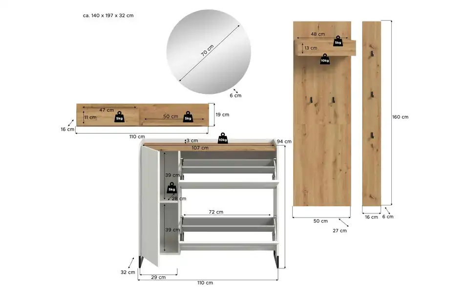 Garderobenkombination, Bemaßung