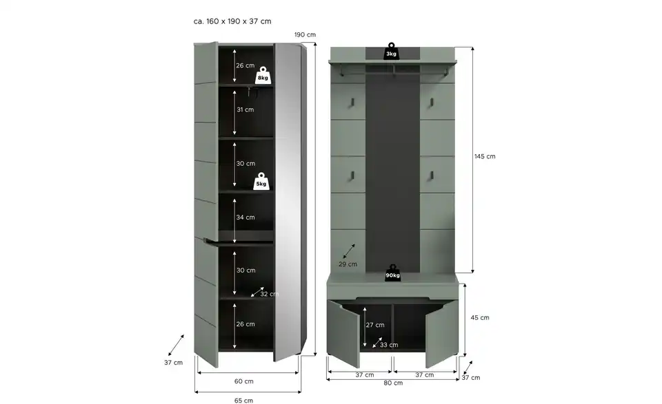 Garderobenkombination, Bemaßung