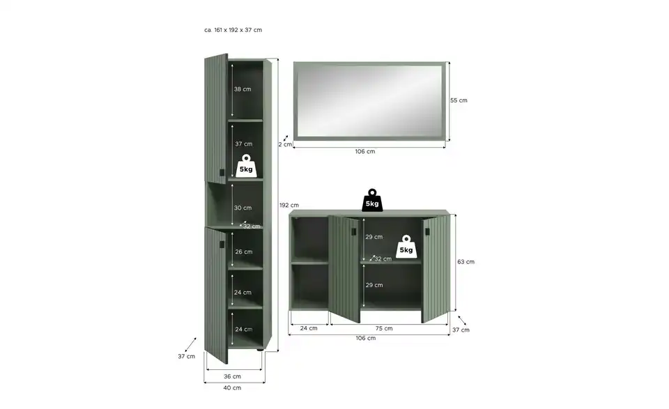 Garderobenkombination, Bemaßung