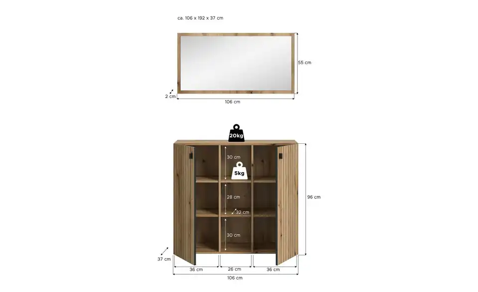 Garderobenkombination, Bemaßung