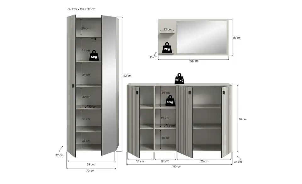 Garderobenkombination, Bemaßung