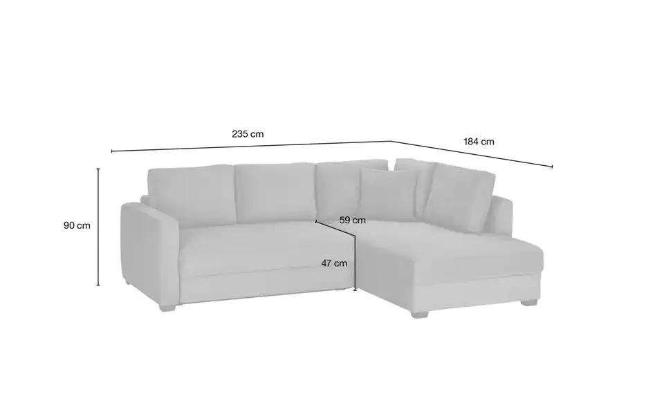 Ecksofa mit Boxspringpolsterung, Bemaßung