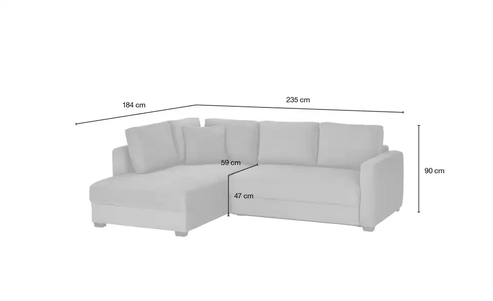 Ecksofa mit Boxspringpolsterung, Bemaßung