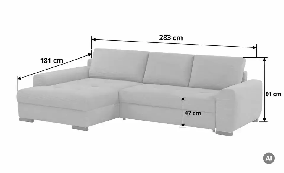 Ecksofa Soumia, Bemaßung