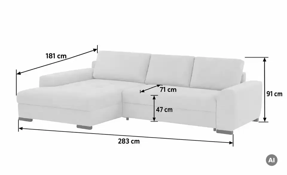 Ecksofa Soumia, Bemaßung