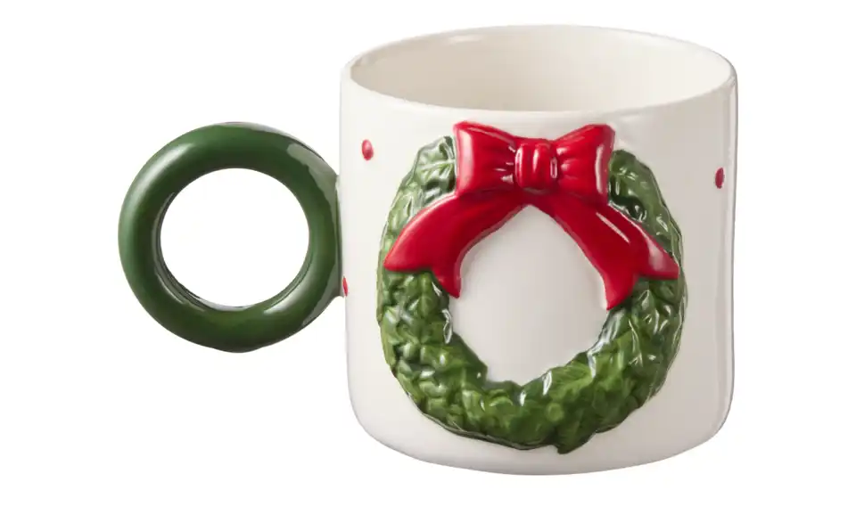 HOME STORY Tasse mit Weihnachtskranz, Frontansicht