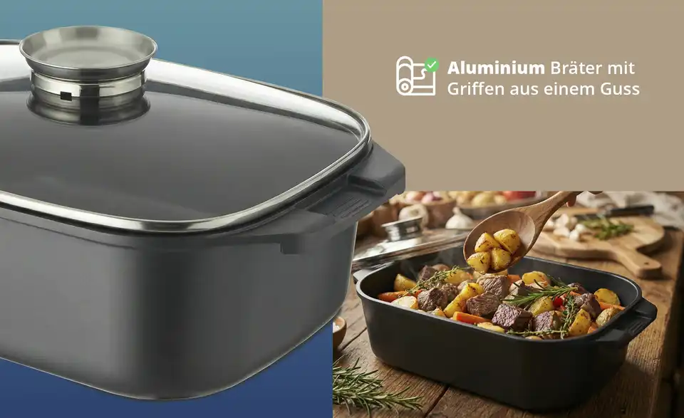 KHG Aromabräter aus Aluguss eckig, Bild mit Text