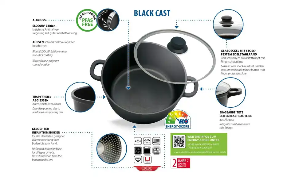 ELO Topfset 4-teilig BLACK CAST, Bild mit Text