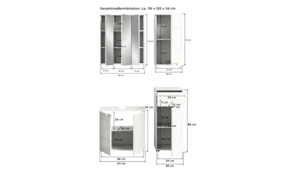 Badkombination, Bemaßung
