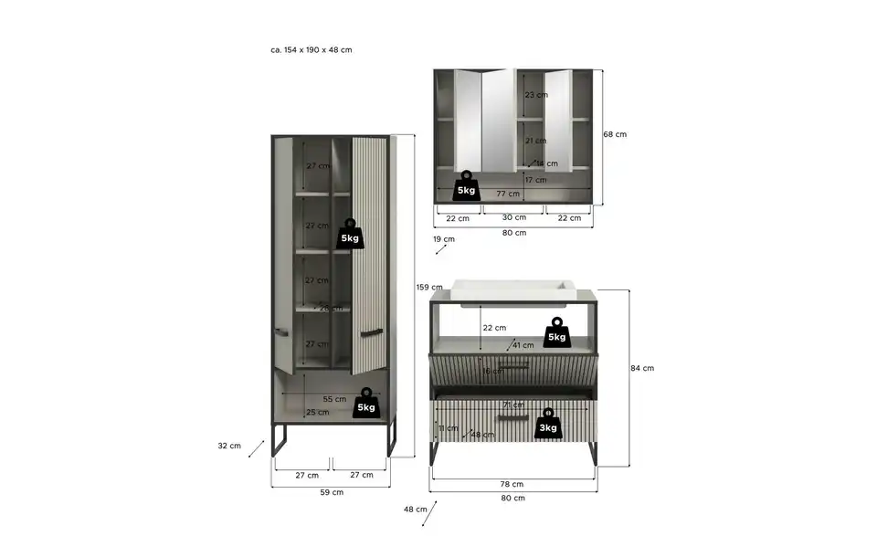 Badkombination, Bemaßung