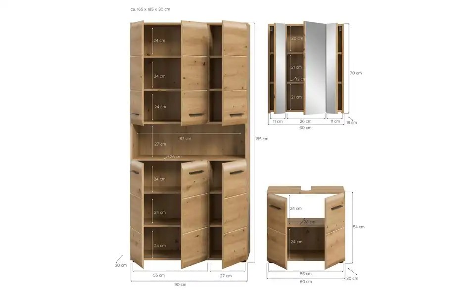 Badkombination, Bemaßung