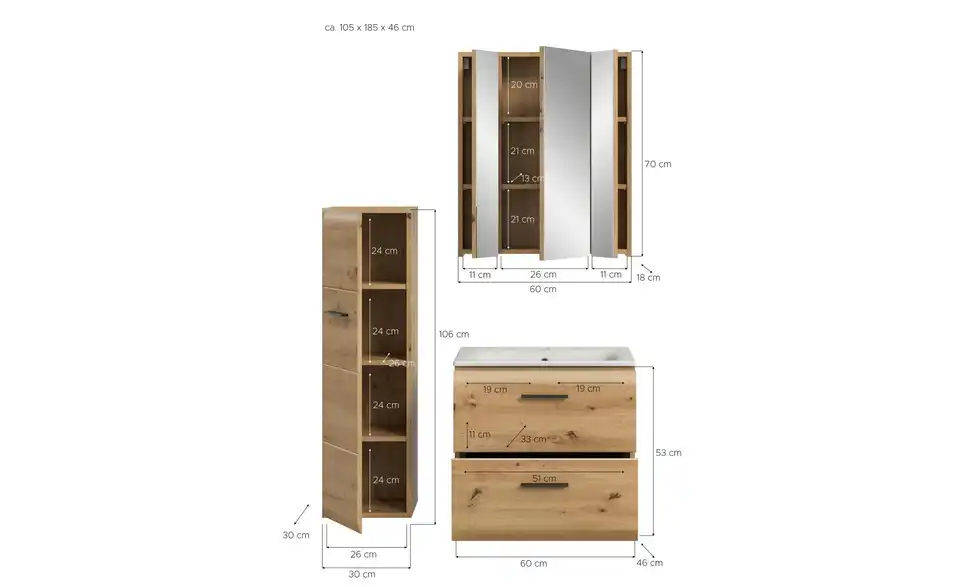 Badkombination, Bemaßung