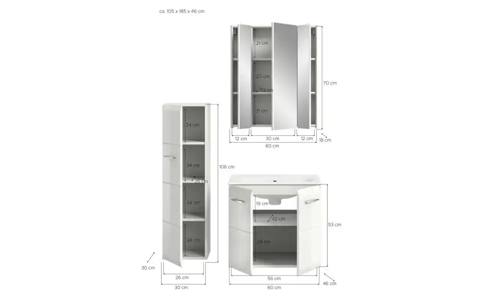 Badkombination, Bemaßung