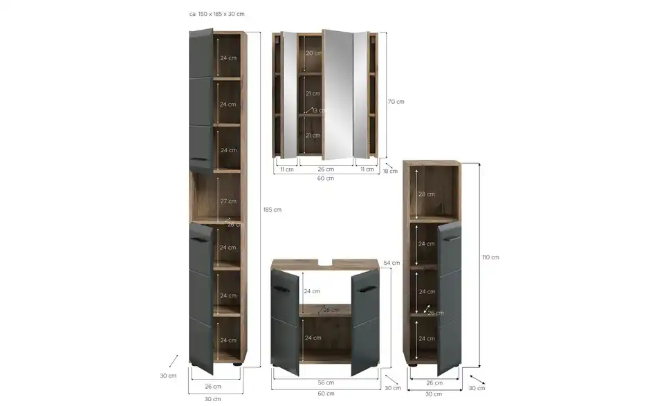 Badkombination, Bemaßung