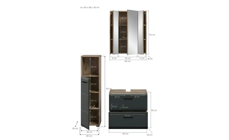 Badkombination, Bemaßung