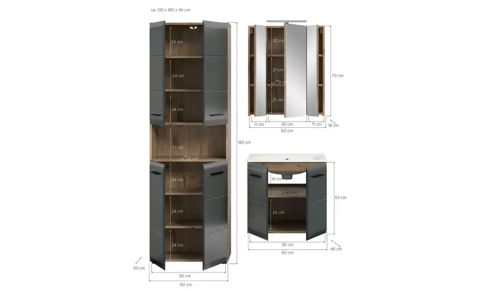 Badkombination, Bemaßung