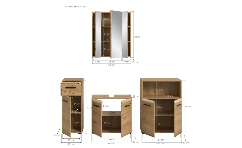 Badkombination, Bemaßung