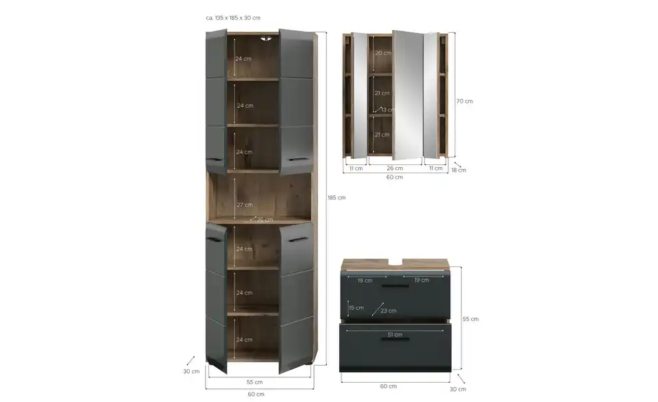 Badkombination, Bemaßung