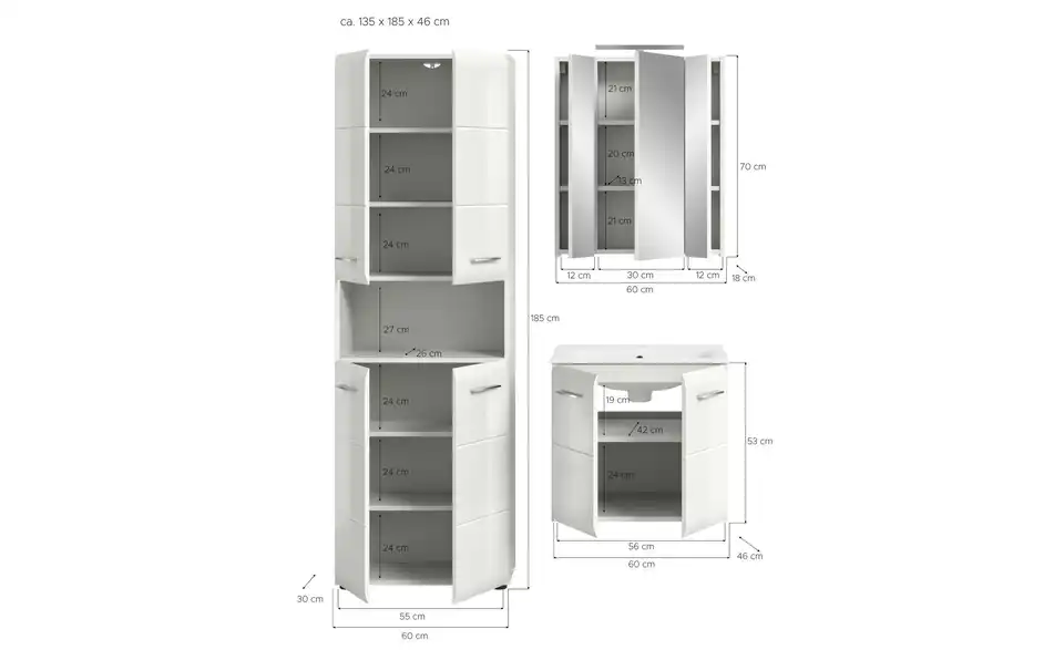 Badkombination, Bemaßung