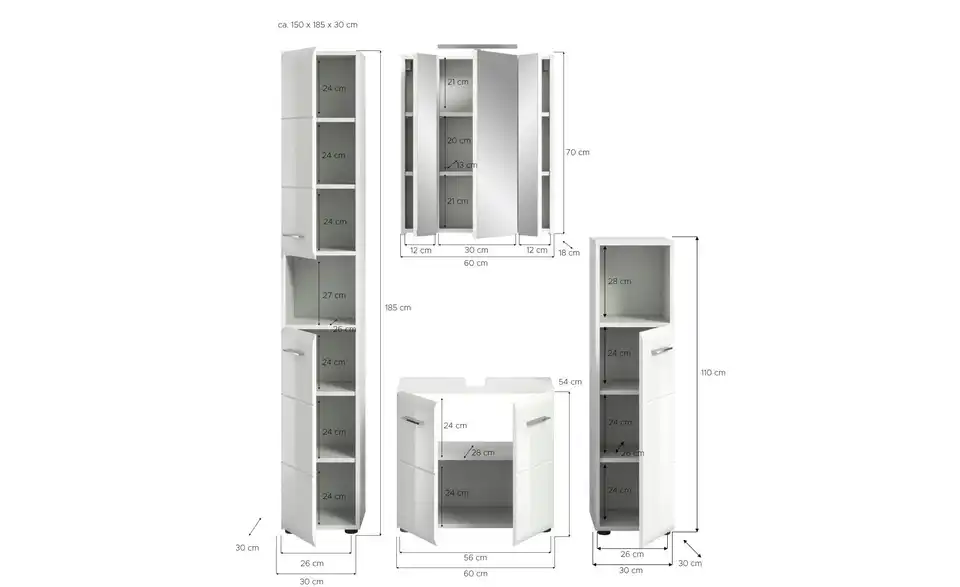 Badkombination, Bemaßung