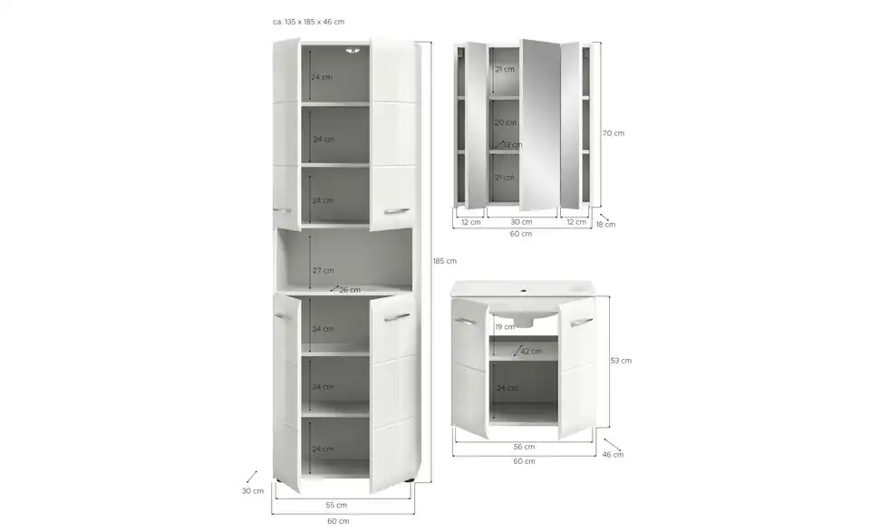 Badkombination, Bemaßung