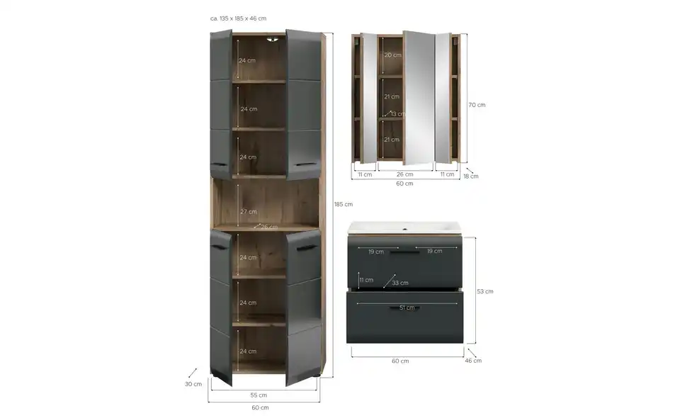 Badkombination, Bemaßung