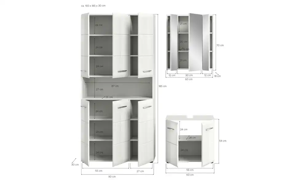 Badkombination, Bemaßung