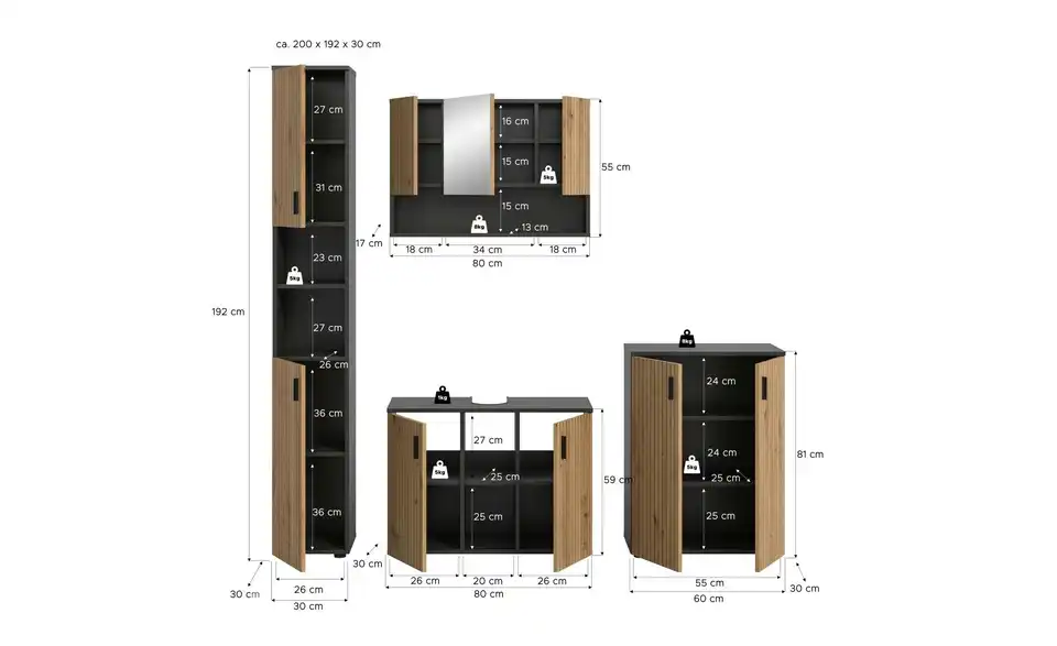 Badkombination, Bemaßung