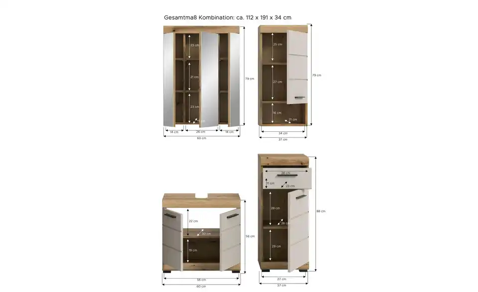 Badkombination, Bemaßung