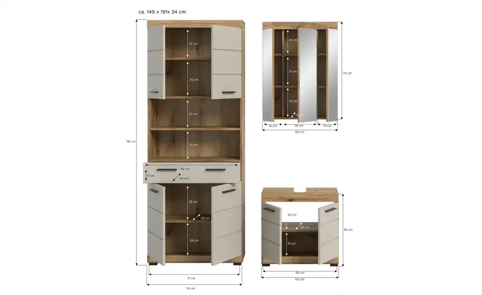 Badkombination, Bemaßung