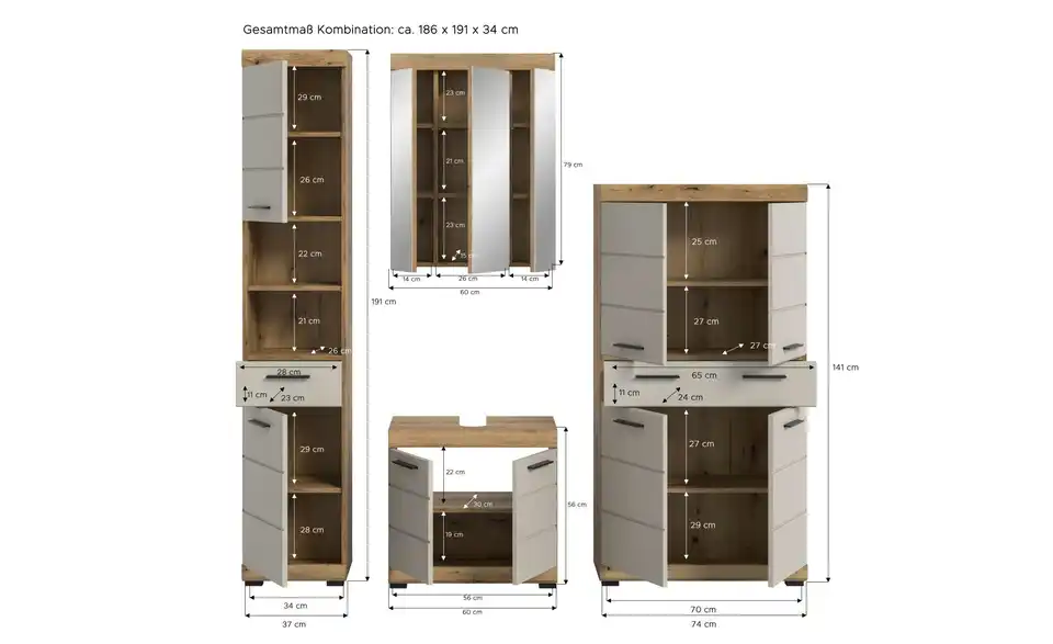 Badkombination, Bemaßung