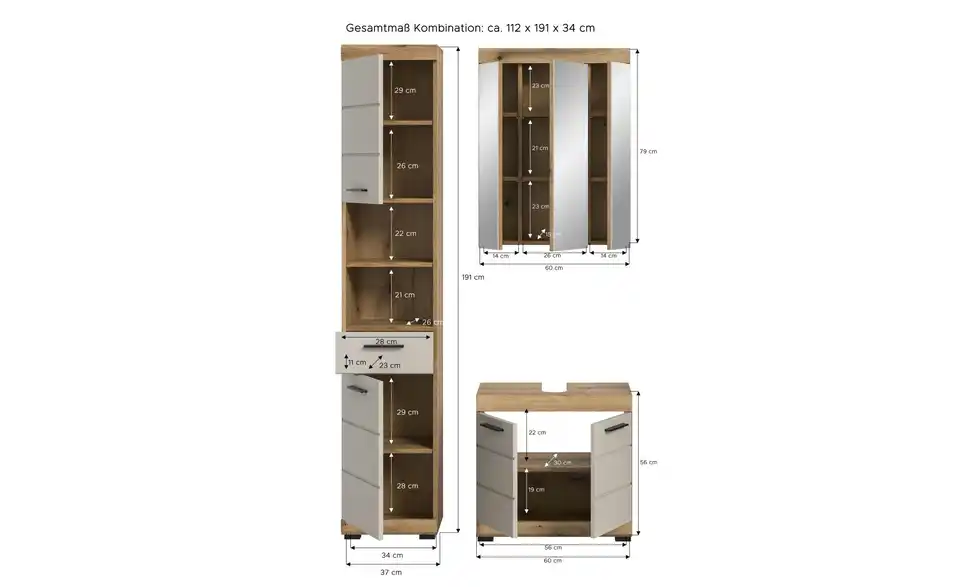 Badkombination, Bemaßung