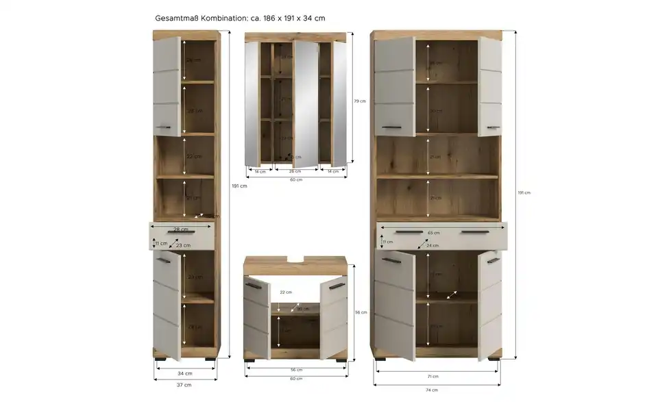 Badkombination, Bemaßung