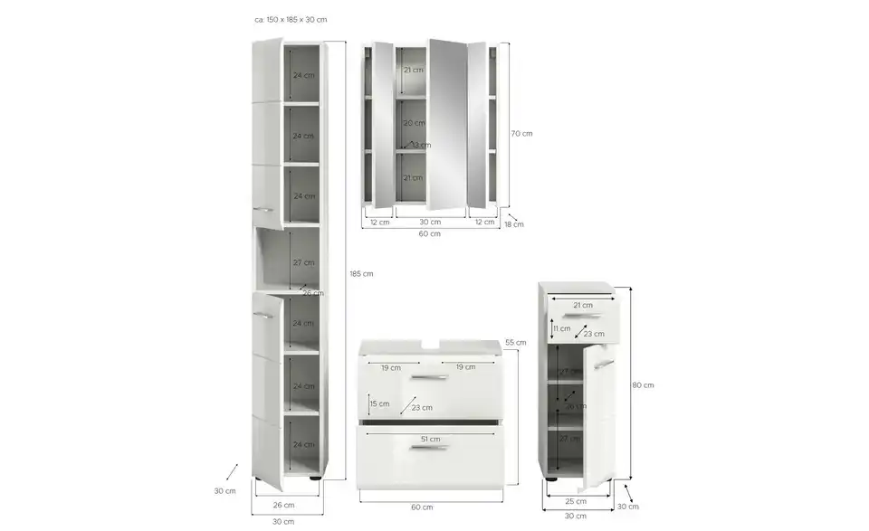 Badkombination, Bemaßung