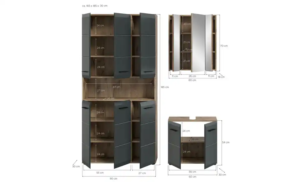 Badkombination, Bemaßung