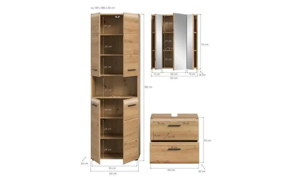 Badkombination, Bemaßung