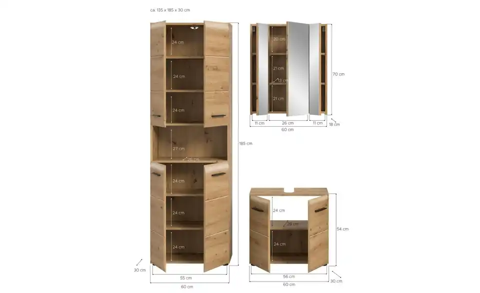 Badkombination, Bemaßung