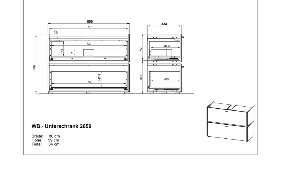 Waschbeckenunterschrank, Bemaßung