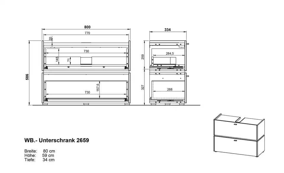 Waschbeckenunterschrank, Bemaßung