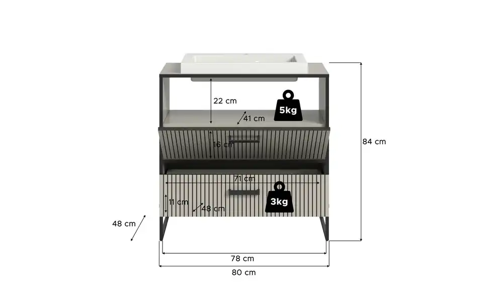 Waschtisch inkl. Waschbecken, Bemaßung