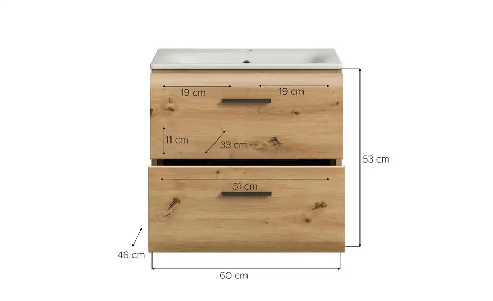 Waschtisch inkl. Waschbecken, Bemaßung